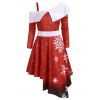 Robe de Noël Asymétrique Flocon de Neige à Col Oblique - Rouge S