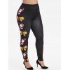 Legging de Noël Moulant Père Noël Imprimé à Taille Haute avec Nœud Papillon - Noir 3X