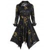 Robe Irrégulière Boutonnée Ceinturée Lune Soleil Imprimés - Noir 3XL