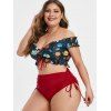 Funny Planet Off Shoulder Lace Up Cinched Plus Size Two Piece Swimsuit - RED 5X