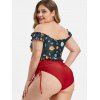 Funny Planet Off Shoulder Lace Up Cinched Plus Size Two Piece Swimsuit - RED 5X