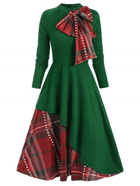 Christmas Party Dress Plaid Contrast Bowknot Long Sleeves Overlay A Line Midi Vintage Dress