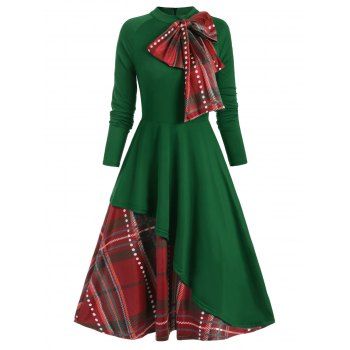 Christmas Party Dress Plaid Contrast Bowknot Long Sleeves Overlay A Line Midi Vintage Dress