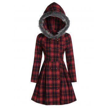 

Double Breasted Fur Hooded Long Coat, Multicolor a