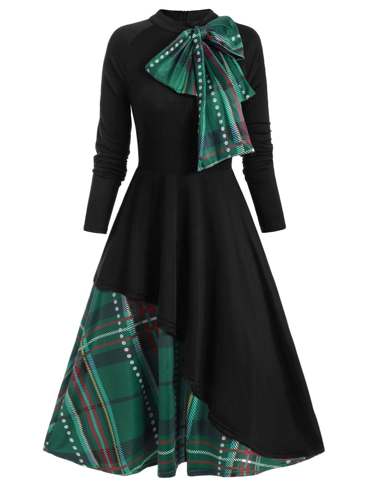Christmas Party Dress Plaid Contrast Bowknot Long Sleeves Overlay A Line Midi Vintage Dress - BLACK L