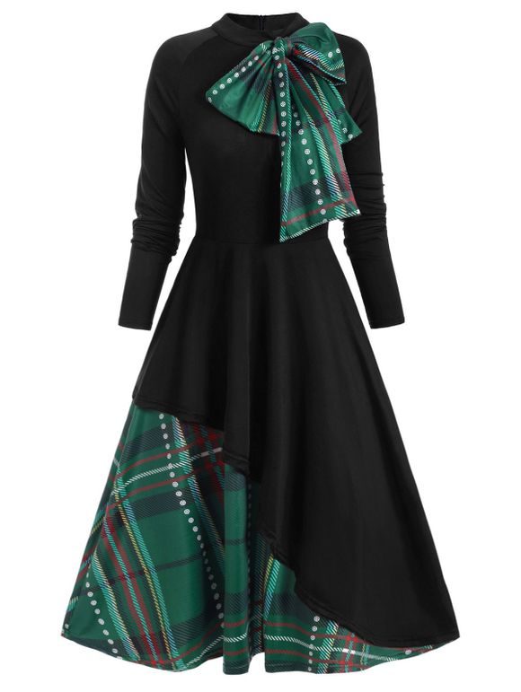 Christmas Party Dress Plaid Contrast Bowknot Long Sleeves Overlay A Line Midi Vintage Dress - BLACK XL