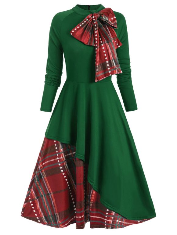Robe de Soirée Noël Vintage Mi-longue Superposée Contrastée à Carreaux à Manches Longues avec Nœud Papillon - Vert profond 3XL