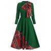Christmas Party Dress Plaid Contrast Bowknot Long Sleeves Overlay A Line Midi Vintage Dress - DEEP GREEN M