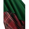 Robe de Soirée Noël Vintage Mi-longue Superposée Contrastée à Carreaux à Manches Longues avec Nœud Papillon - Vert profond L