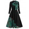 Robe Vintage Superposée Contrastée à Carreaux à Manches Longues avec Nœud Papillon - Noir 2XL