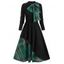 Robe de Soirée Noël Vintage Mi-longue Superposée Contrastée à Carreaux à Manches Longues avec Nœud Papillon - Noir L