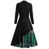 Christmas Party Dress Plaid Contrast Bowknot Long Sleeves Overlay A Line Midi Vintage Dress - BLACK L