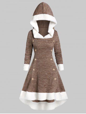 Hooded Faux Fur Trim Mock Button High Low Midi Dress