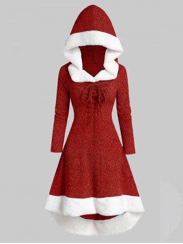 Hooded Lace Up Faux Fur Panel Marled Asymmetrical Dress