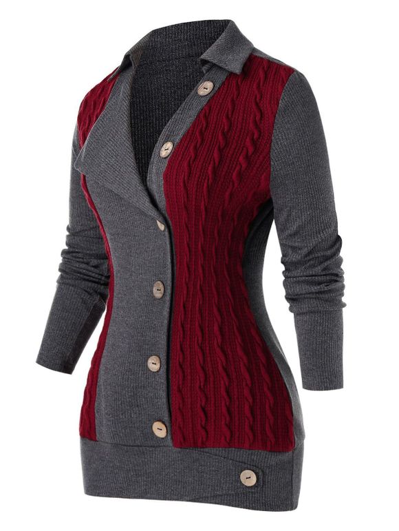 Plus Size boutonné torsades Sweater - Gris Foncé 5X