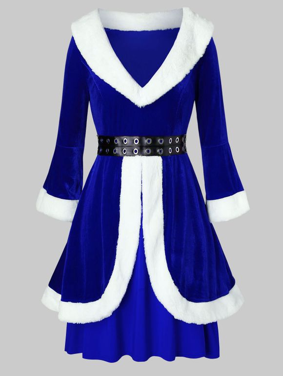 Robe de Noël Grande Taille en Fausse Fourrure en Velours à Œillets - Bleu Cobalt 4X