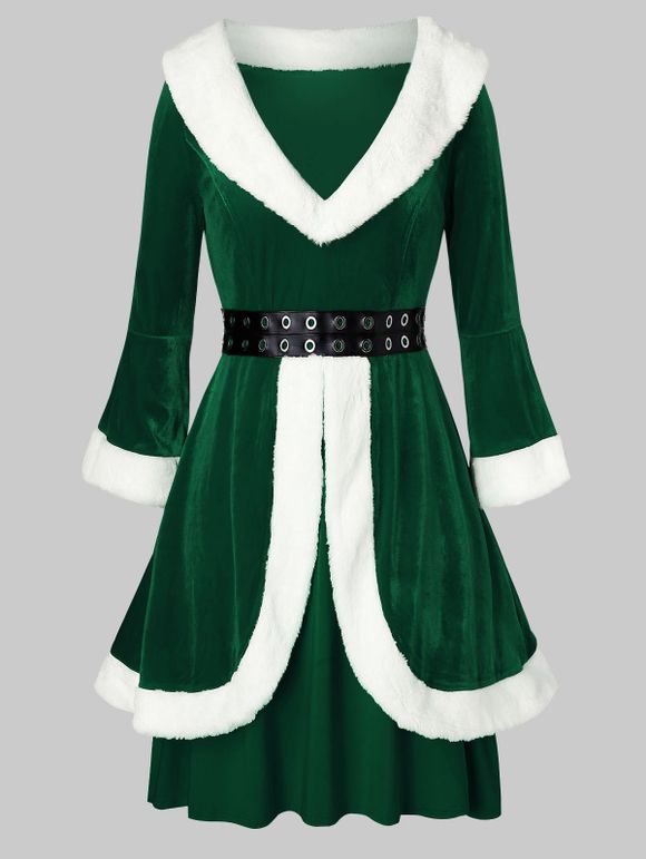 Robe de Noël Grande Taille en Fausse Fourrure en Velours à Œillets - Vert Mer Moyen 1X