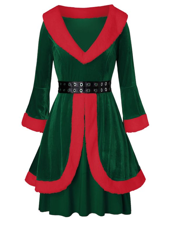 Robe de Noël Grande Taille en Fausse Fourrure en Velours à Œillets - Vert Forêt Moyen 5X