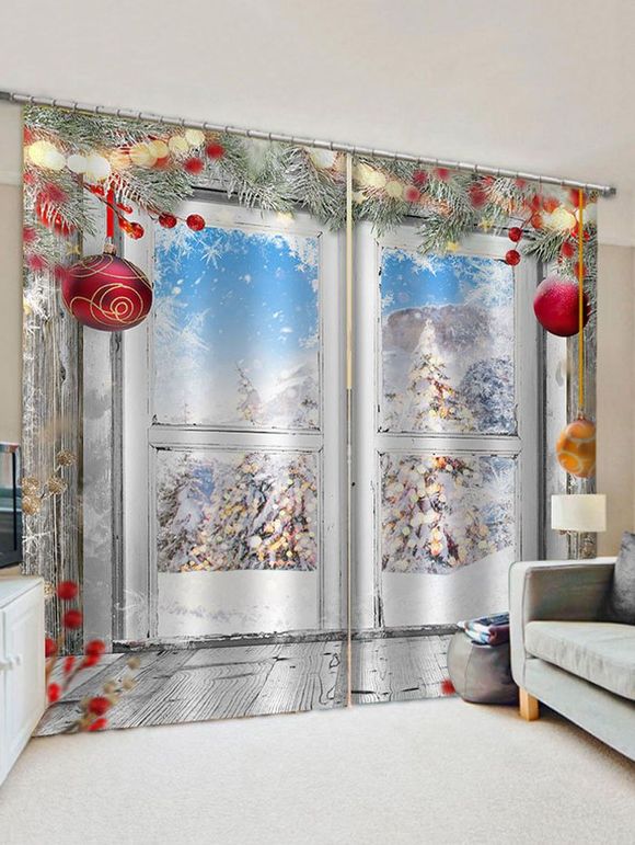 Rideaux de Fenêtre Boule de Noël et Sapin Imprimés 2 Panneaux - multicolor W30 X L65 INCH X 2PCS