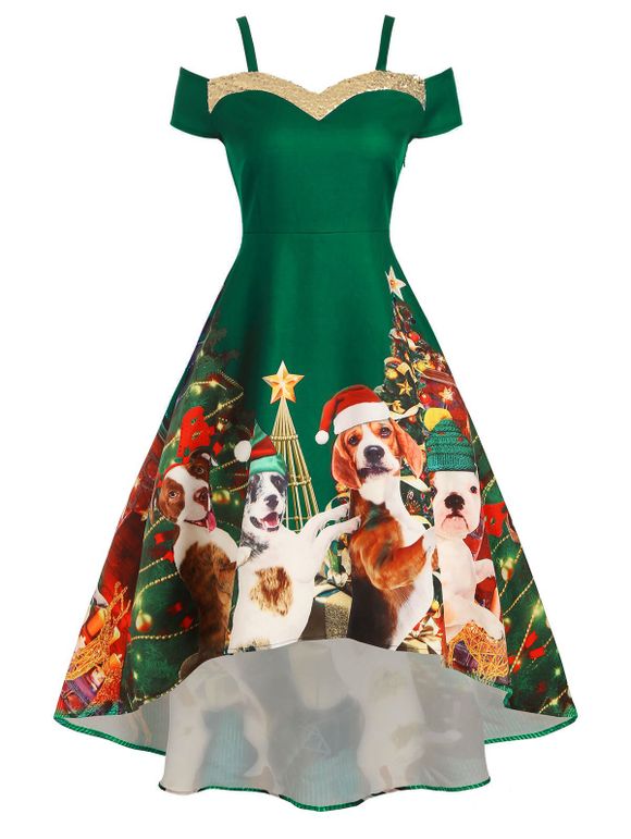 Robe de Soirée Chien et Sapin de Noël Imprimés à Epaule Dénudée à Paillettes - Vert profond 2XL