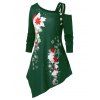 T-Shirt de Noël Asymétrique Fleur et Flocon de Neige Grande Taille - Vert profond 5X