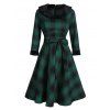 Robe Patineuse Ceinturée à Carreaux Imprimé à Col en Fausse Fourrure - Vert Mer Moyen 3XL