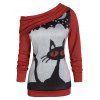Pull d'Halloween Chat Imprimé à Col Oblique - Noir M