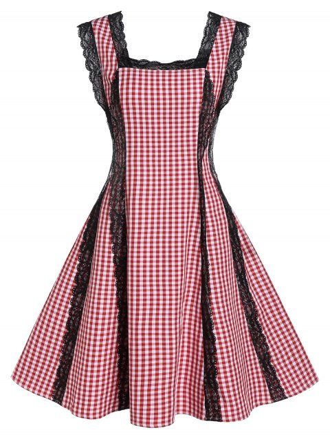 Robe Panneau à Carreaux en Dentelle à Col Carré