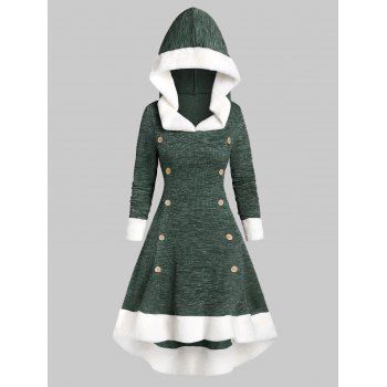 

Hooded Faux Fur Trim Mock Button High Low Midi Dress, Deep green
