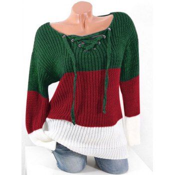 

Plus Size Colorblock Lace Up Chunky Sweater, Dark green