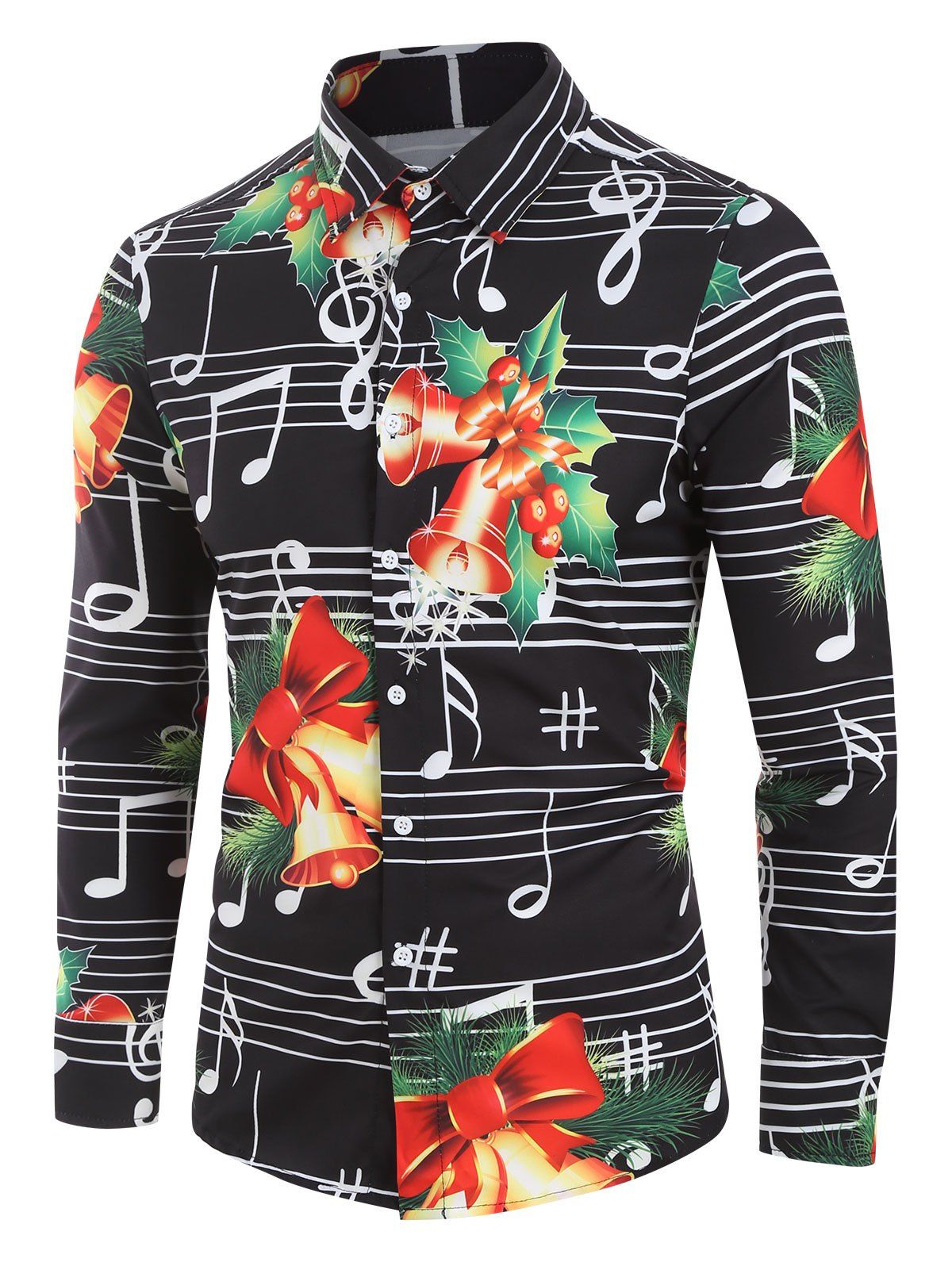 Christmas Bells Music Notes Print Button Up Shirt - BLACK 2XL
