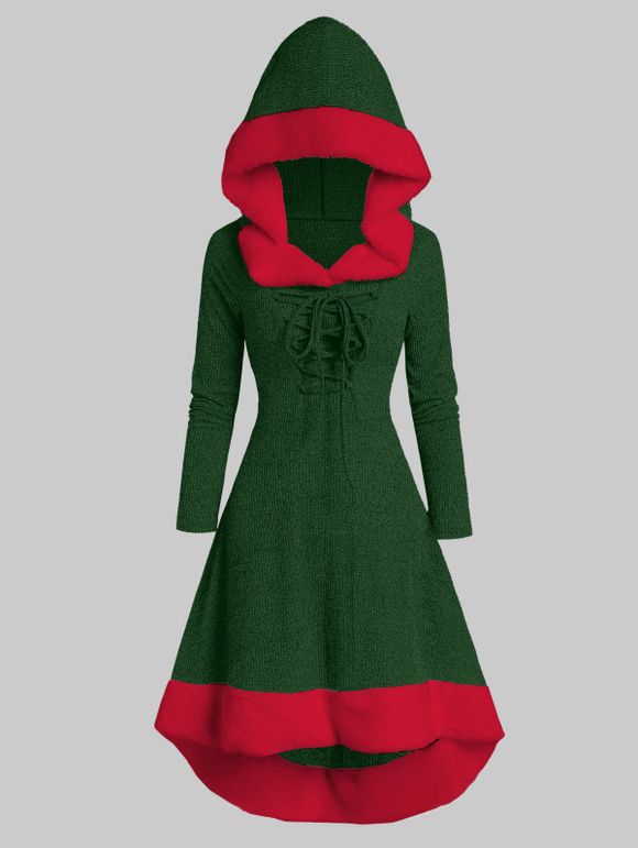 Robe à Capuche Tricotée Panneau en Fausse Fourrure de Grande Taille à Lacets - Vert Jungle 2X