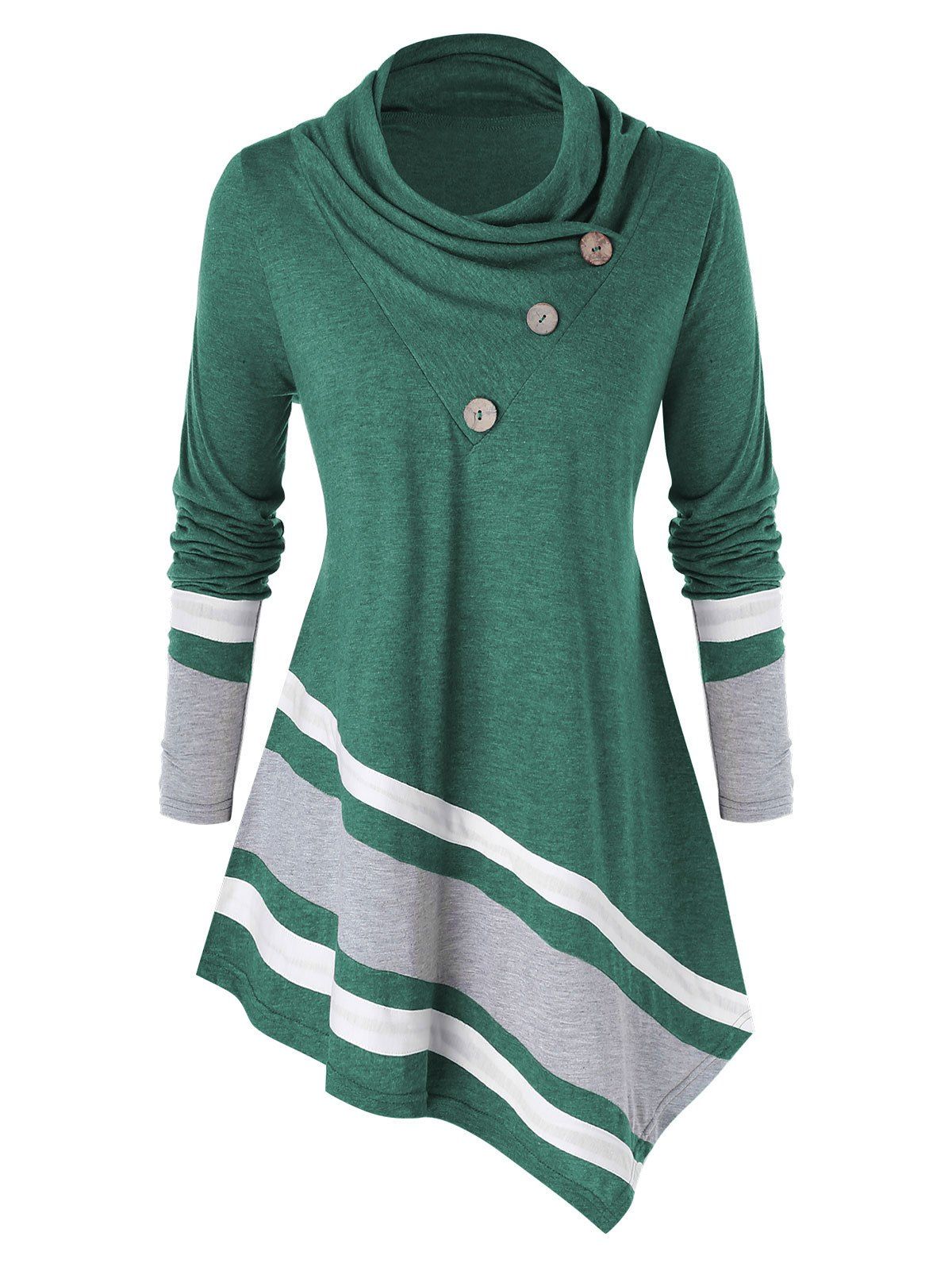 

Plus Size Asymmetrical Contrast Trim Cowl Neck T-shirt, Deep green