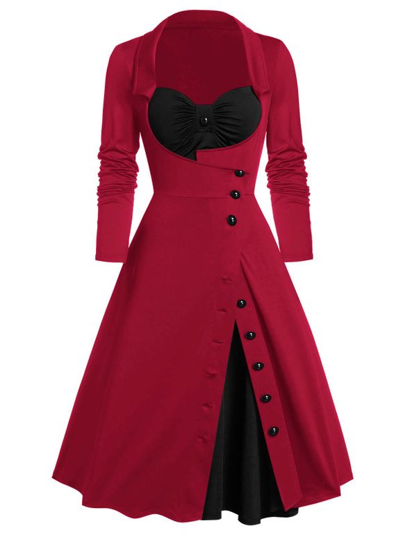 Robe Vintage Boutonnée Fendue Contrastée à Volants Fausse Deux Pièces - Rouge S