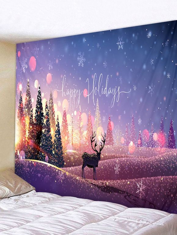 Tapisserie Murale Pendante Art Décoration Arbres de Noël et Cerf Imprimés - Fleur Violet W91 X L71 INCH