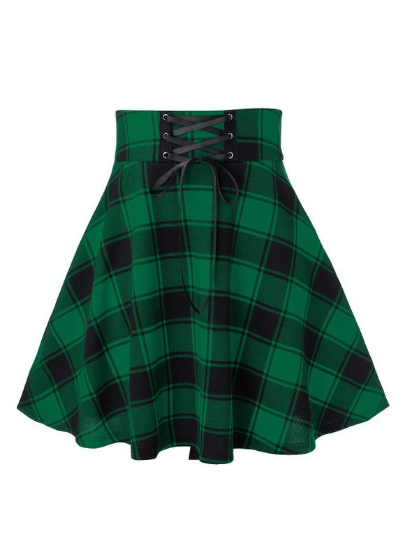 Mini Jupe à Carreaux Grande Taille à Lacets - Vert Mer Moyen 1X