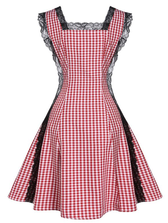 Robe Panneau à Carreaux en Dentelle à Col Carré - Rouge XL