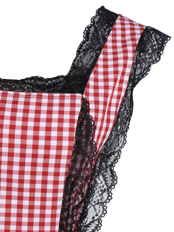 Robe Panneau à Carreaux en Dentelle à Col Carré - Rouge XL
