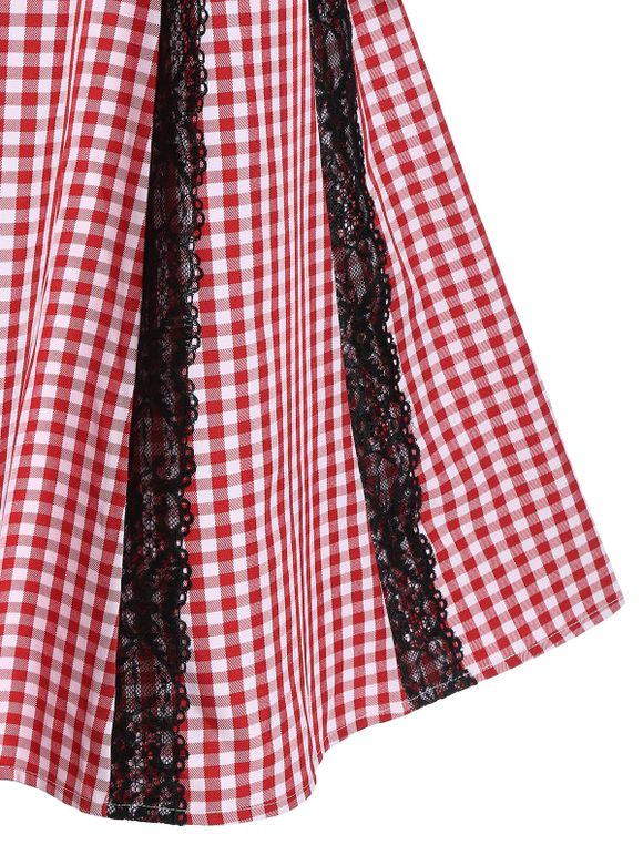 Robe Panneau à Carreaux en Dentelle à Col Carré - Rouge XL