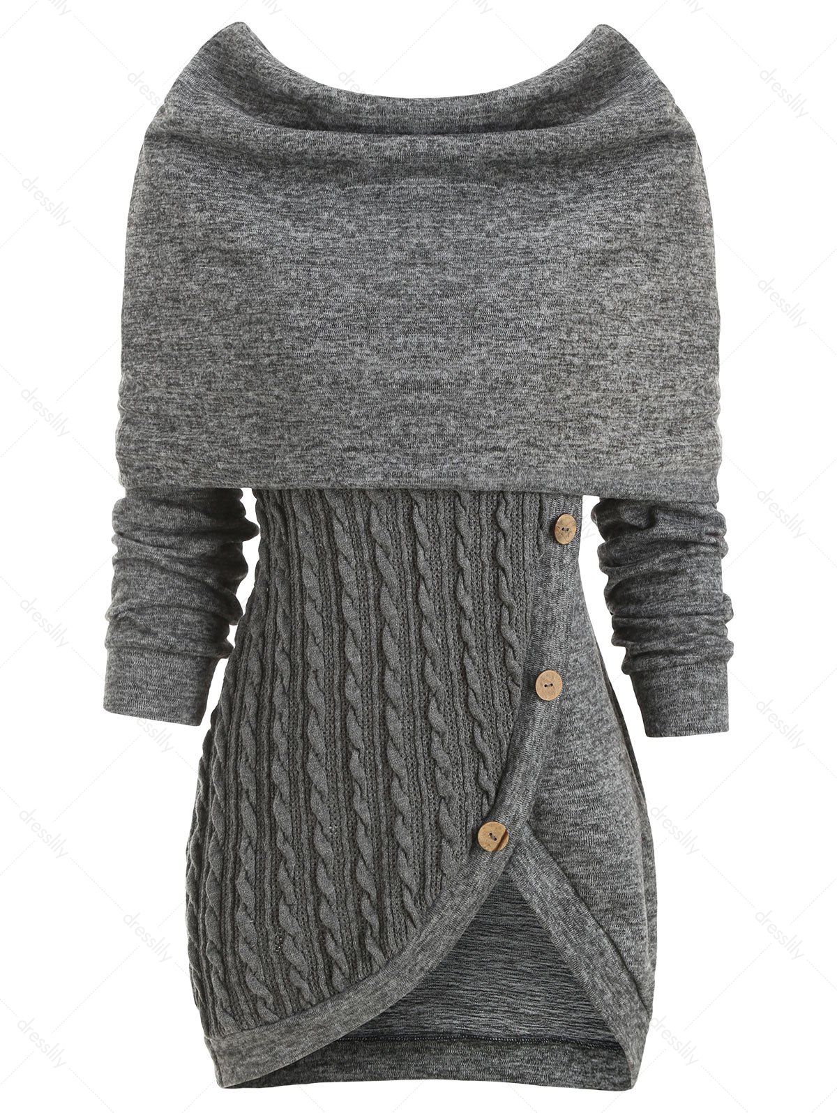 Cowl Neck Mock Button Cable Knit Knitwear - GRAY M