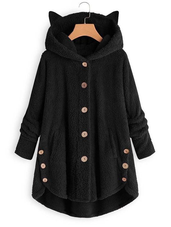 Manteau à Capuche Pelucheux Haut Bas Grande-Taille - Noir 5X