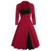 Robe Vintage Boutonnée Fendue Contrastée à Volants Fausse Deux Pièces - Rouge 3XL