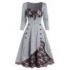 Robe Vintage Fleur en Dentelle Insérée Boutonnée avec Nœud Papillon - Gris 2XL