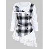 T-shirt Asymétrique Boutonné à Carreaux Inséré Ourlet en Dentelle - Blanc M