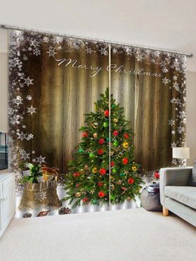 2 Panels Christmas Tree Snowflake Wood Grain Print Window Curtains