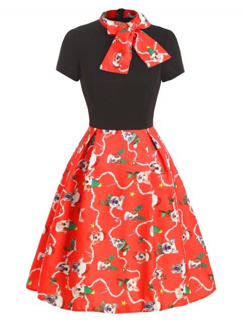 Christmas Funny Dog Print Bow Tie Vintage Dress