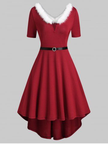 V-wired Faux Fur Trim Knit High Low Dress