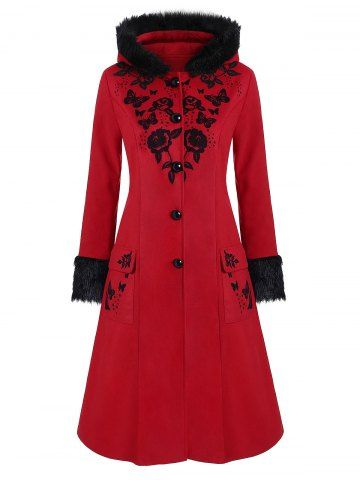 Plus Size Faux Fur Hooded Floral Butterfly Print Coat