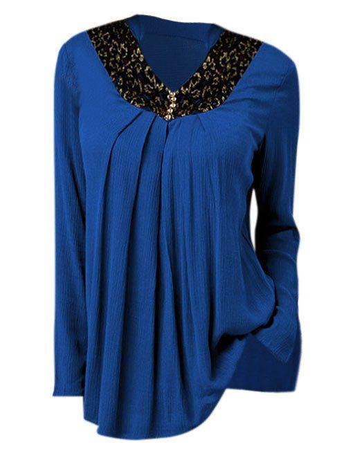 Blouse en Dentelle Contrastée de Grande Taille - Bleu 3X