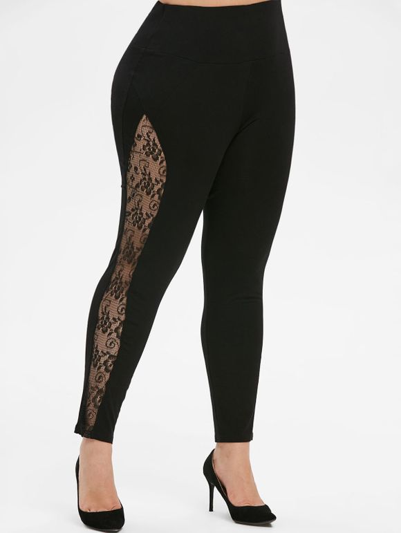 Tirez sur empiècement en dentelle taille haute Leggings Taille Plus - Noir L